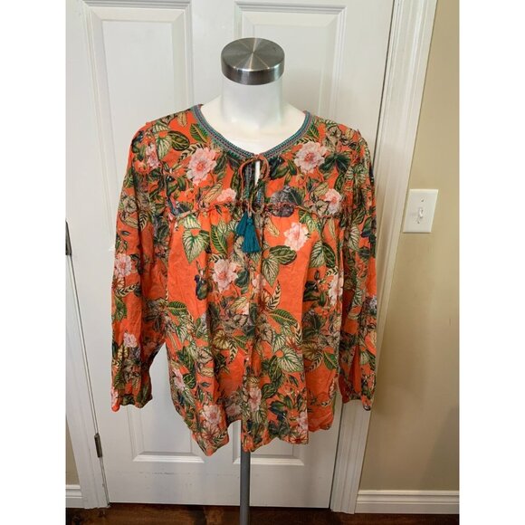 Johnny Was Workshop Orange Multicolor Floral Peasant Shirt Blouse, Size XL